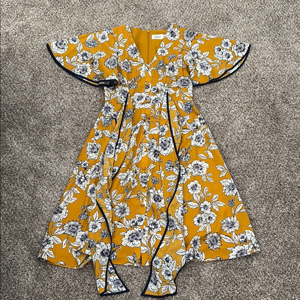 Eliza J White and Orange Ruffled Midi Sundress